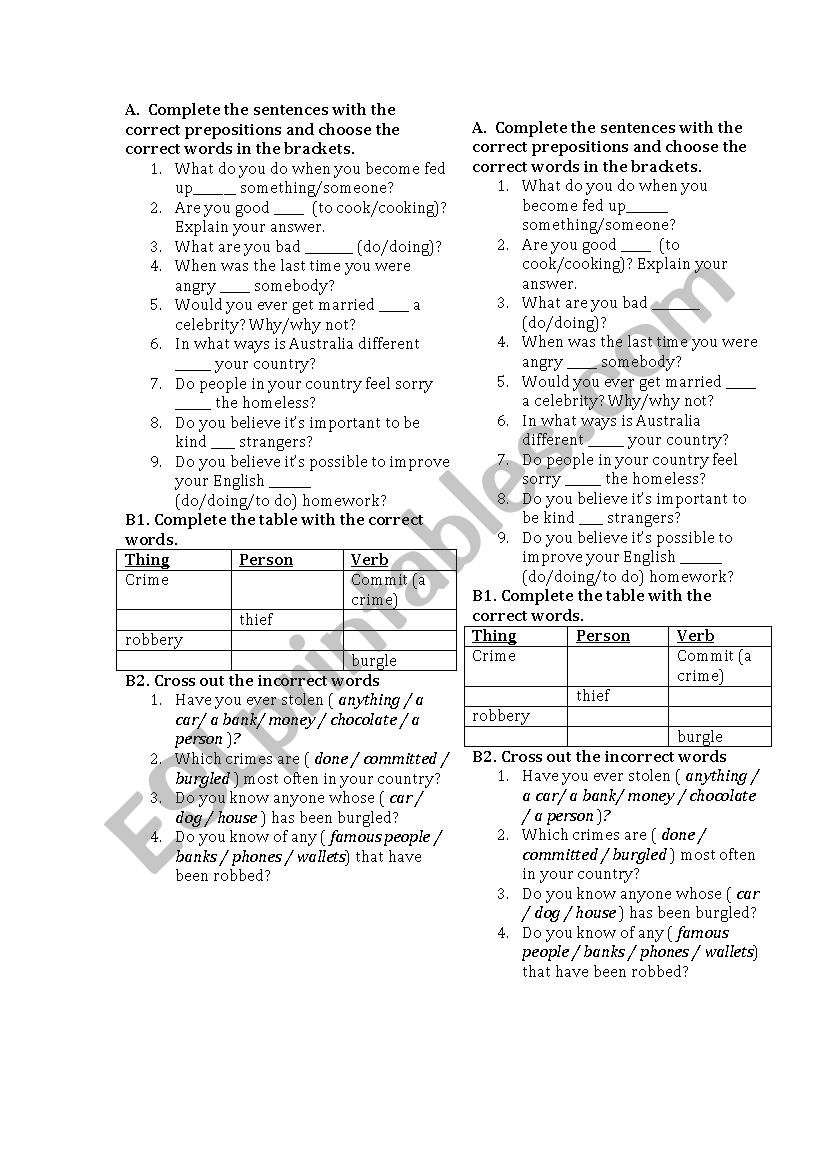 Adjective + prepositions, crime words, discussion questions to practice