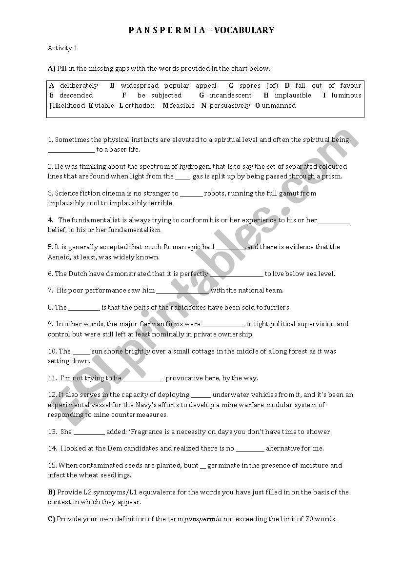 PANSPERMIA - vocabulary activities