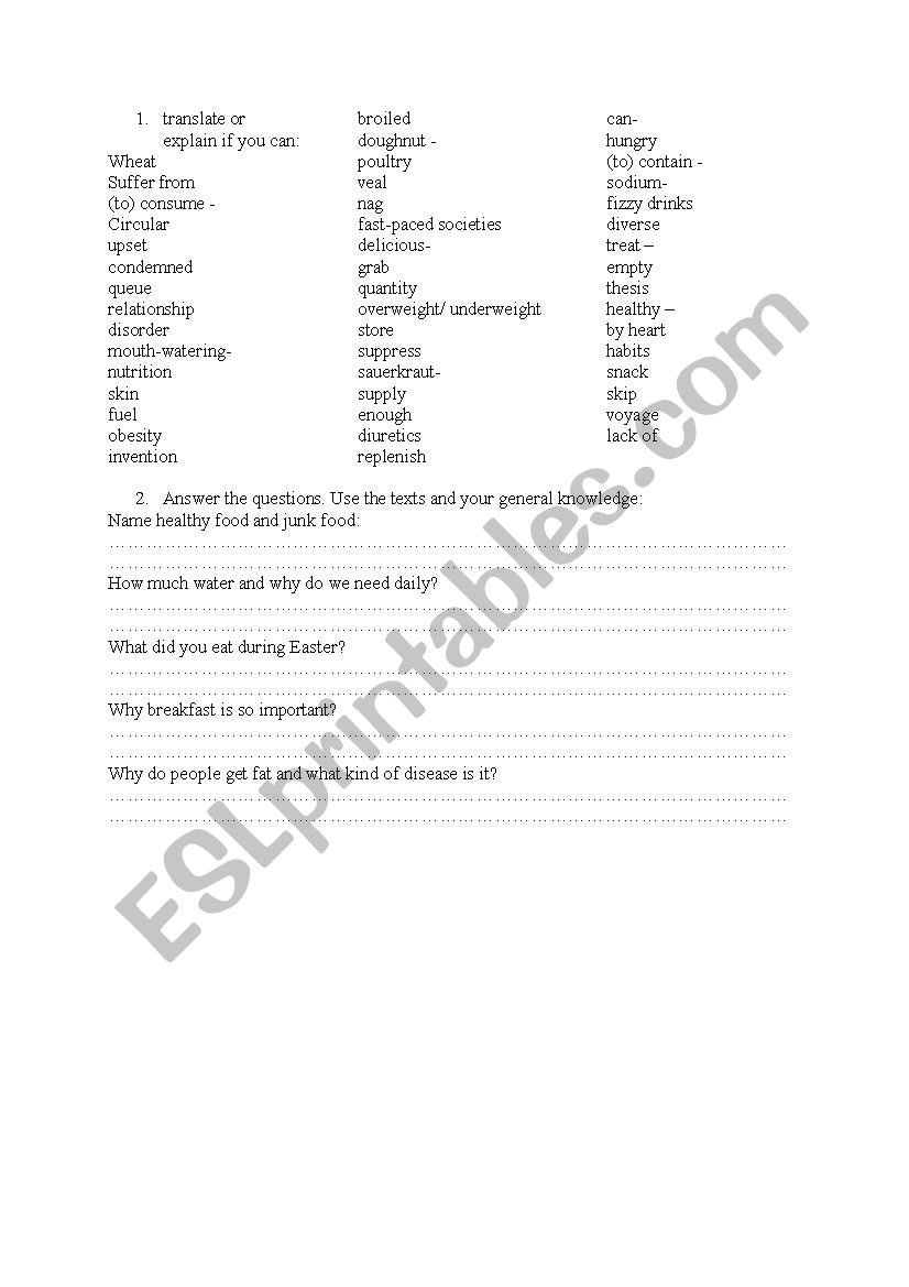 Food - test worksheet