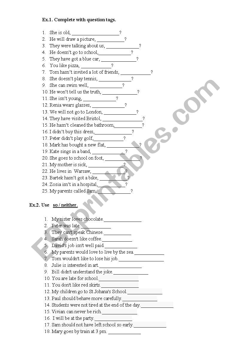 Question tags + so/neither worksheet