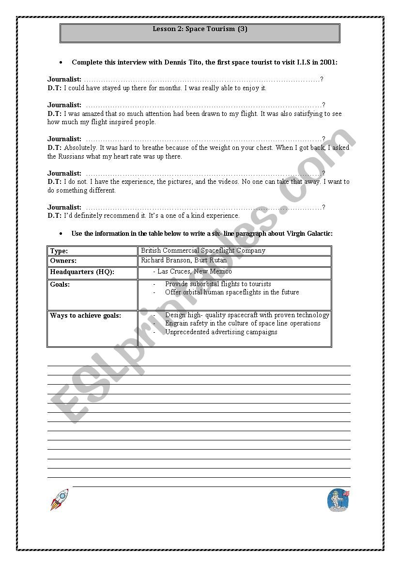 Guided writing space tourism worksheet