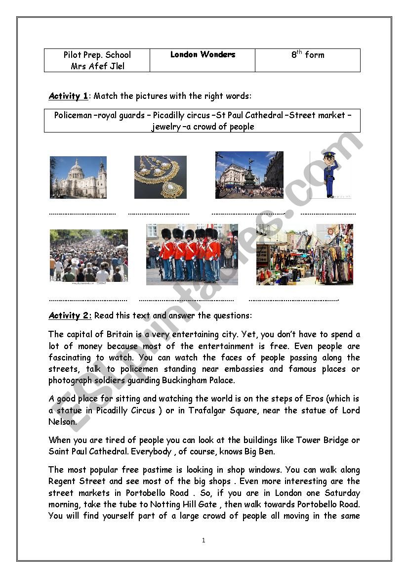 London wonders worksheet