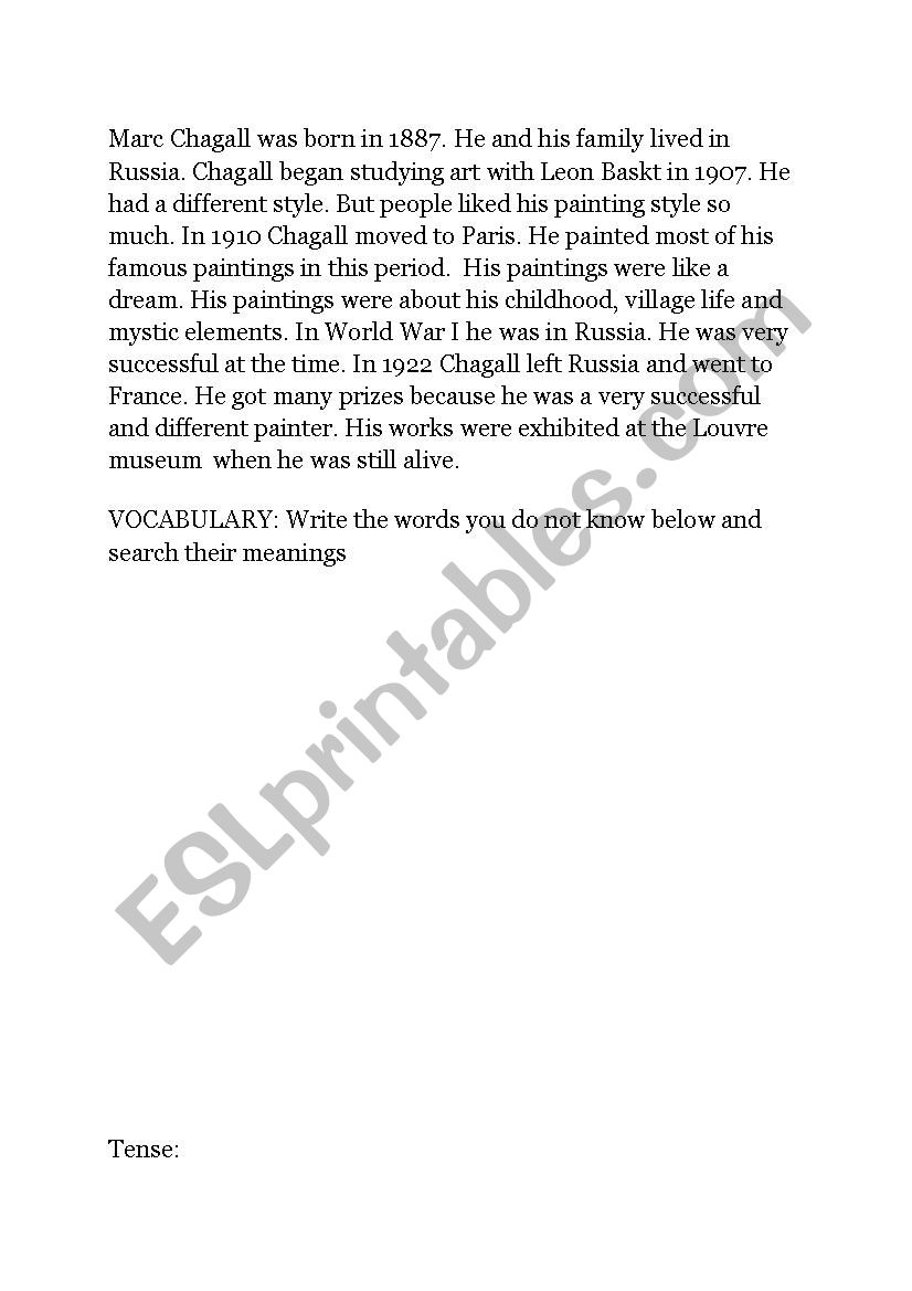Chagall:His life and his art worksheet