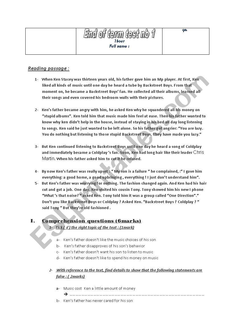 Full term test 1 for 9th  worksheet