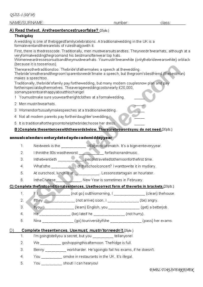 a short revision quiz worksheet