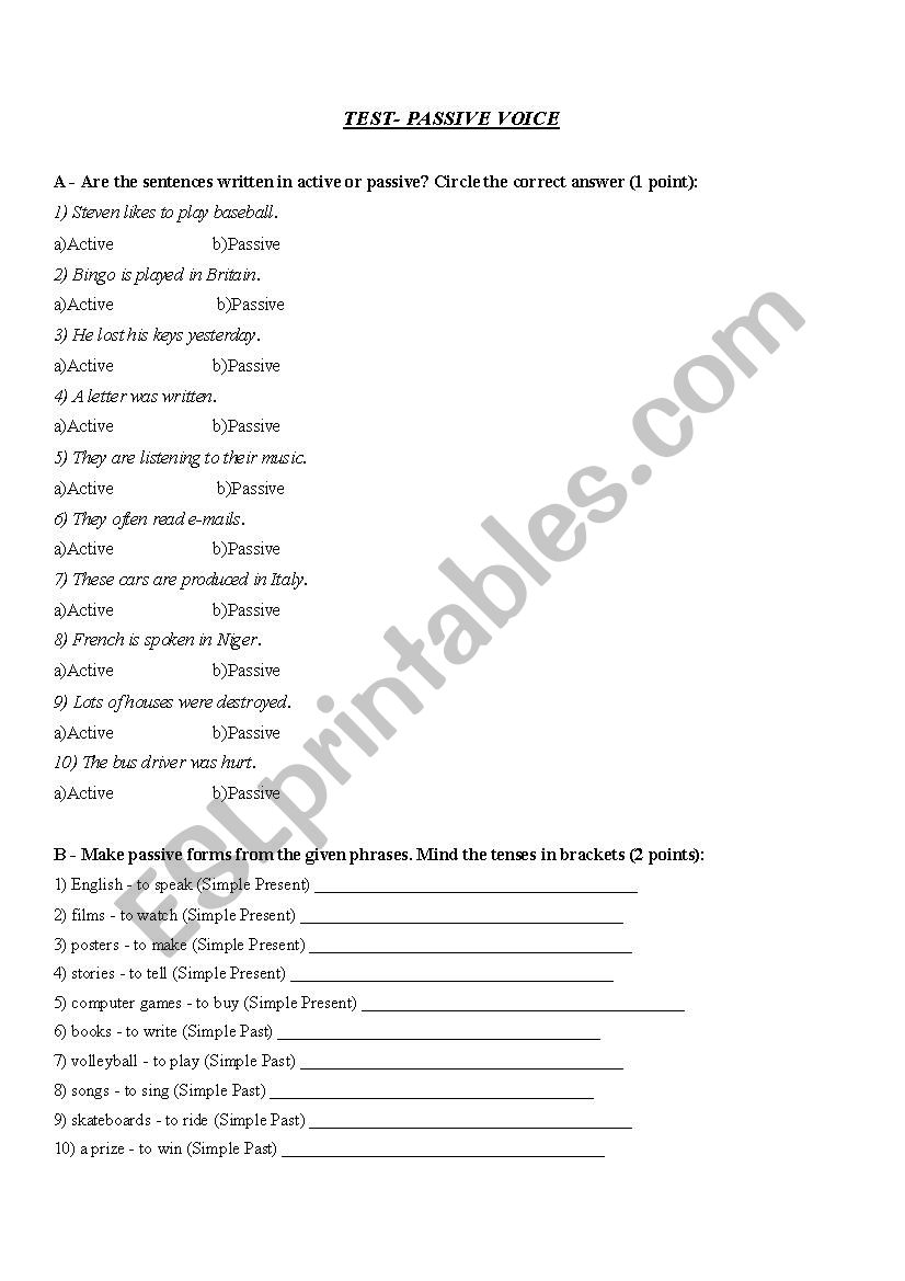 TEST -PASSIVE VOICE worksheet