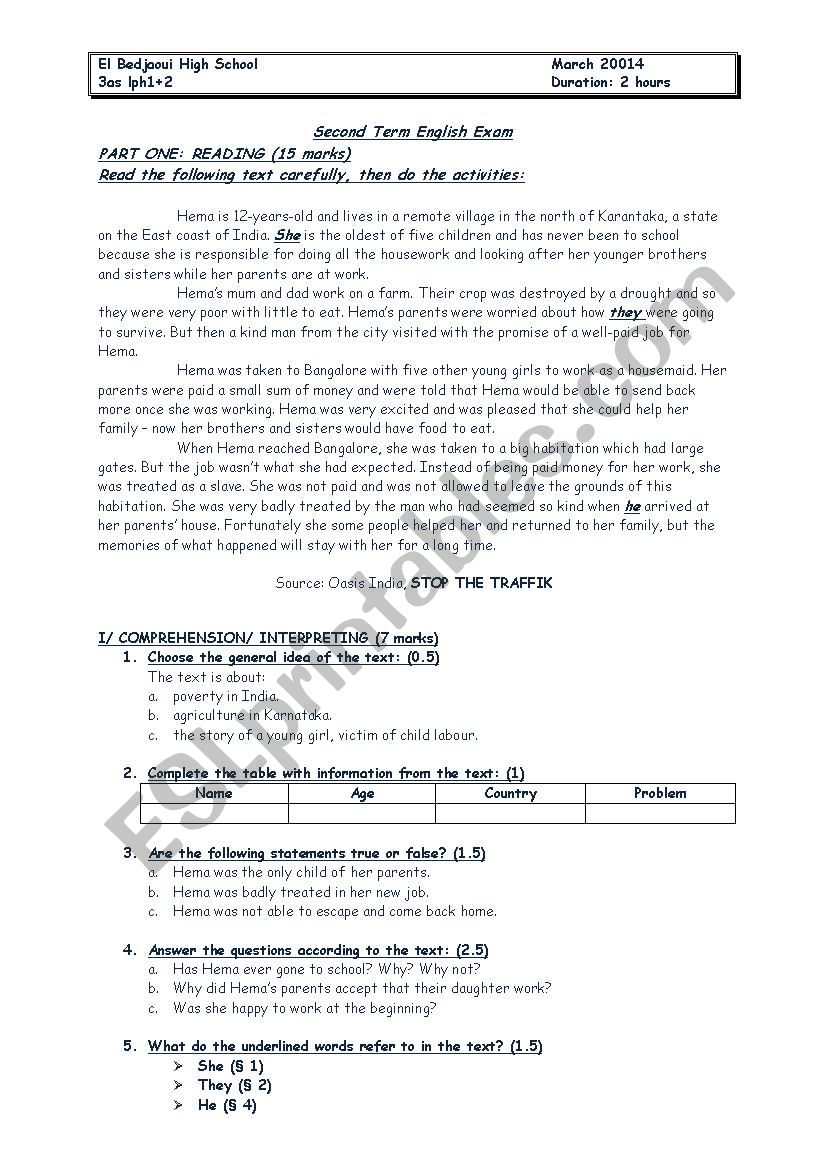 Child Labour Exam worksheet