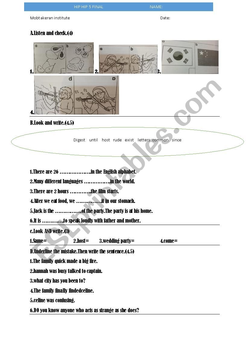 hip hip hooray 5 final exam worksheet