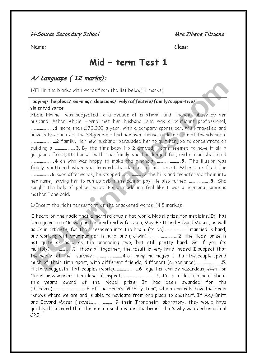 mid term 1 test ( third form) worksheet