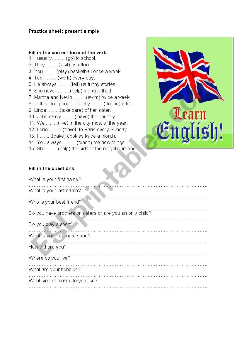 Practice sheet present simple worksheet