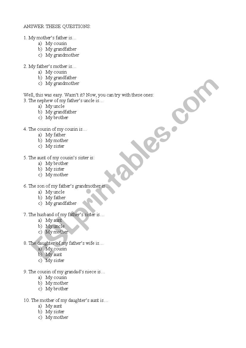 quiz of family worksheet