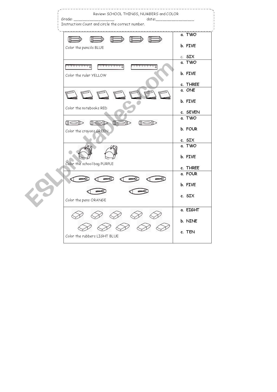 School Things and numbers worksheet