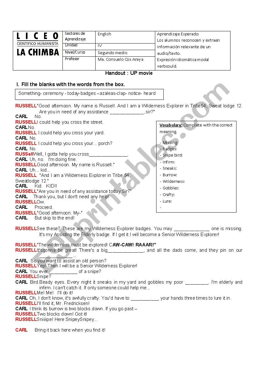 Listening of up movie worksheet