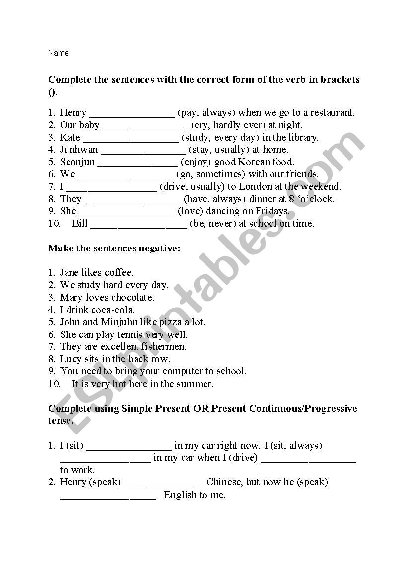 Present tense revision worksheet