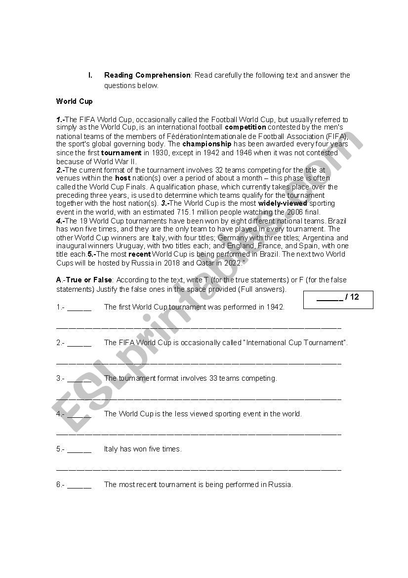 Reading Comprehension Test worksheet