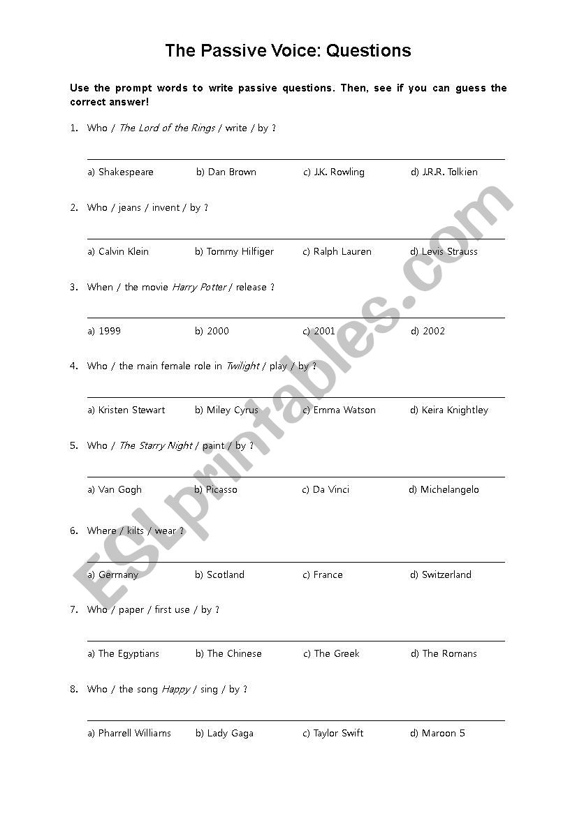 Passive Voice Questions worksheet