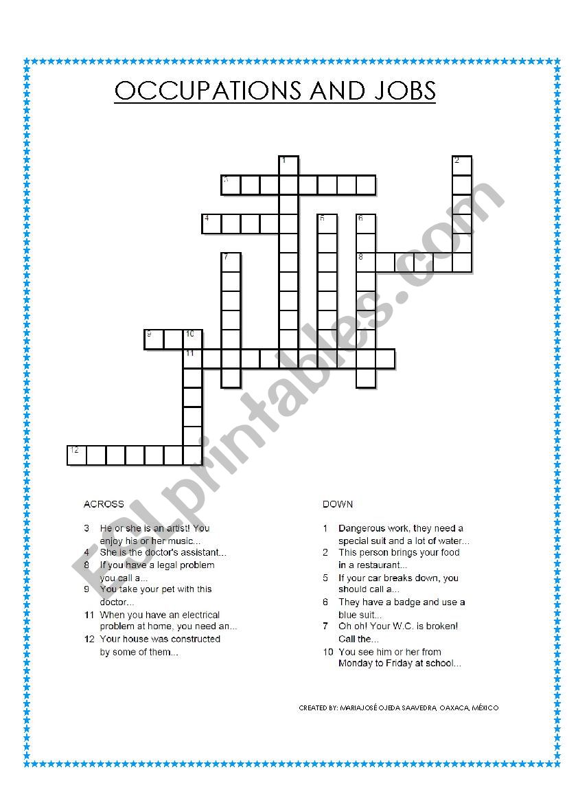 OCCUPATIONS AND JOBS CROSSWORD