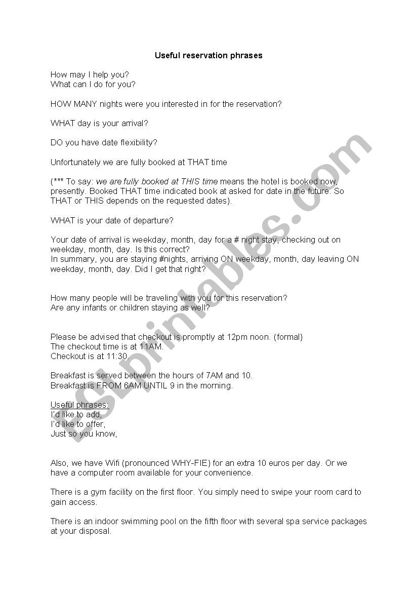 Key Hotel Reservation Phrases worksheet