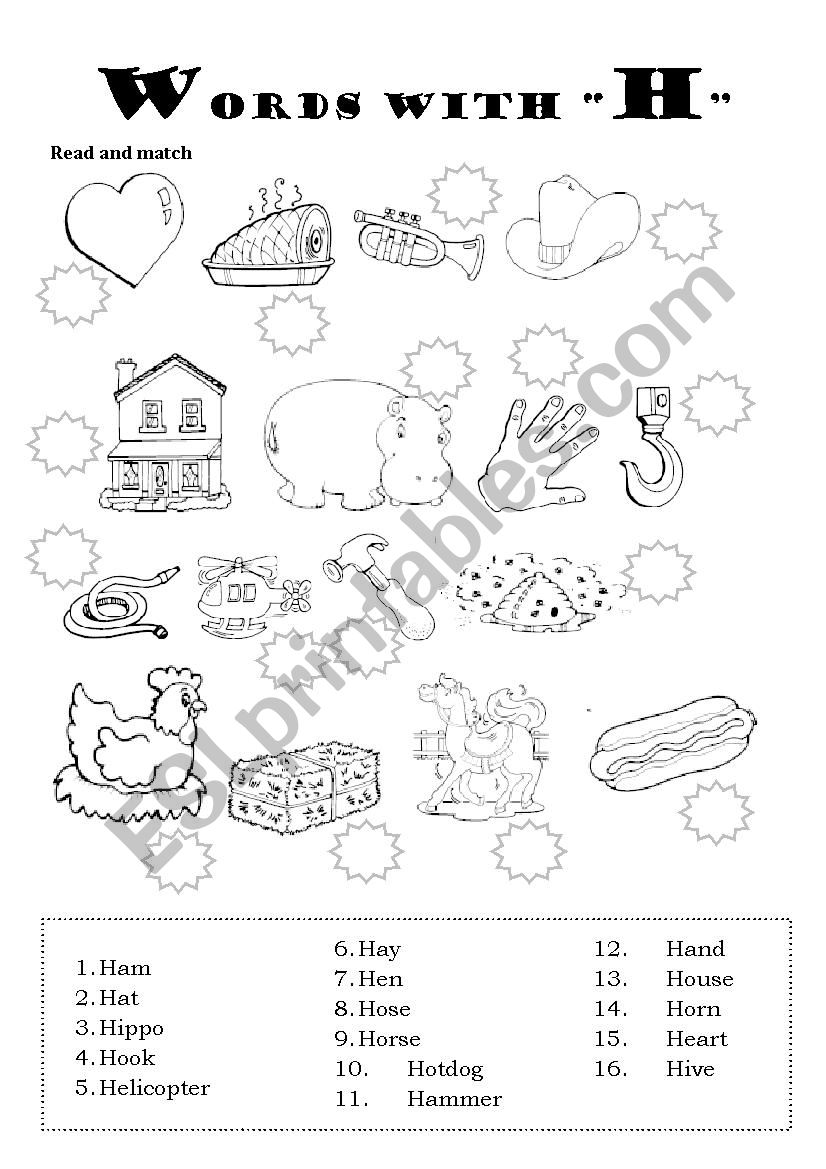 words wirh the letter H worksheet