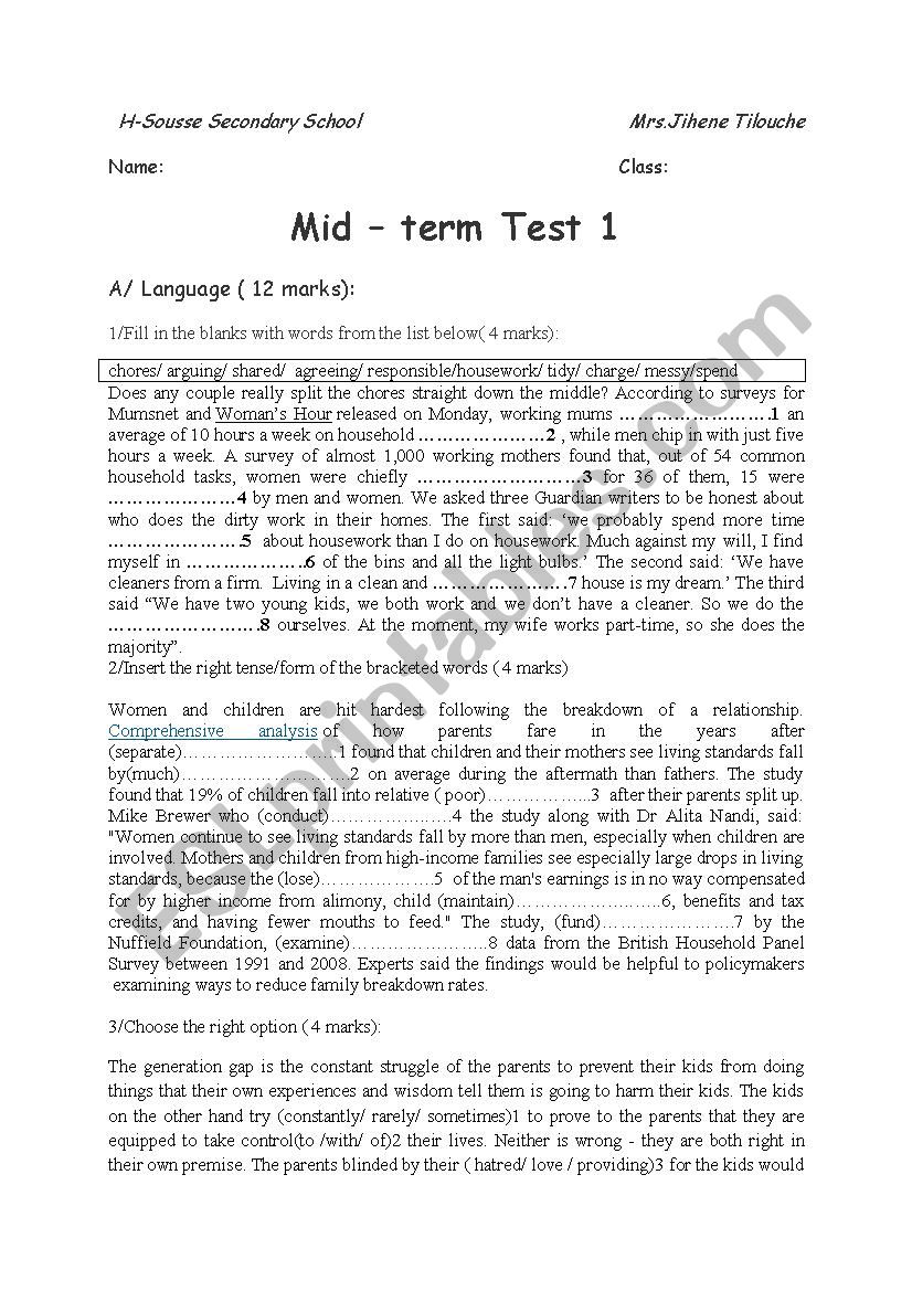 Mid term 1 test ( 3rd form) worksheet