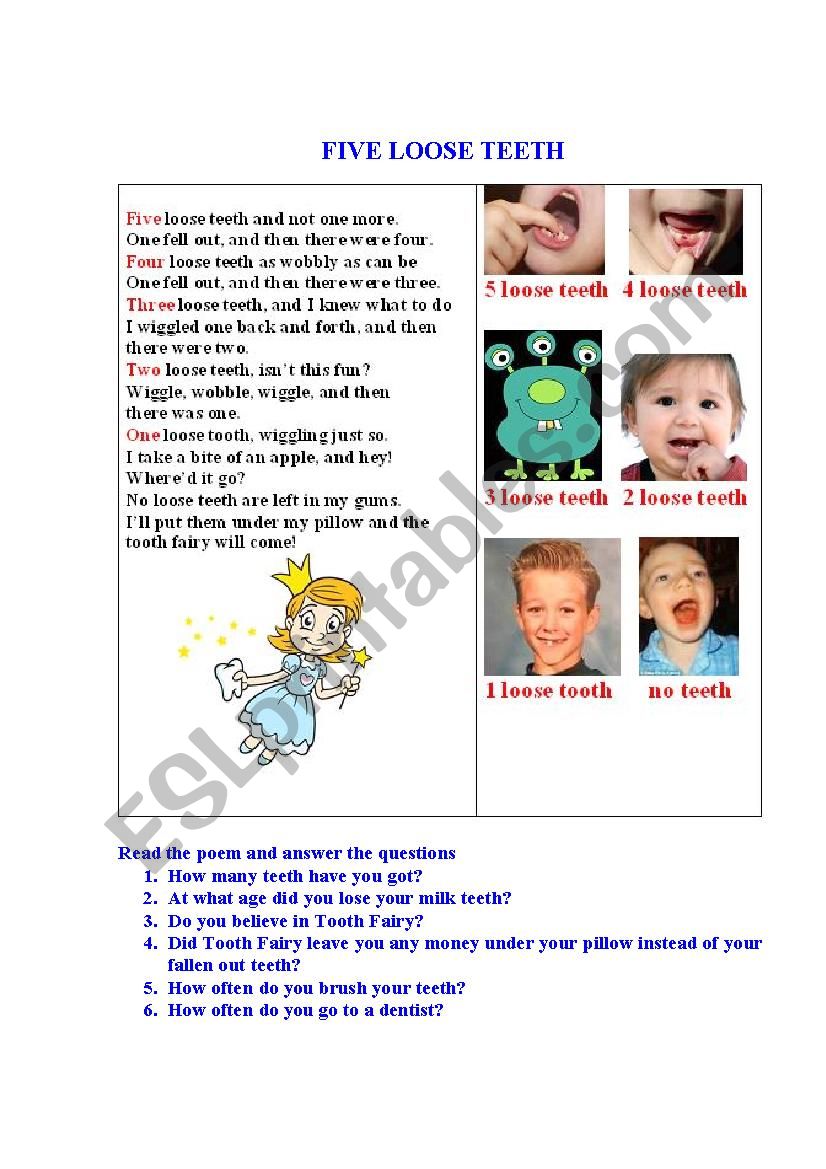 5 LOOSE TEETH A poem  worksheet