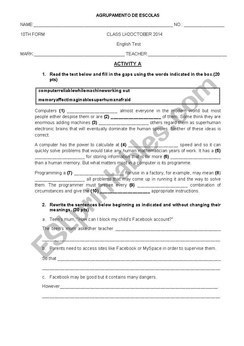 Test Dangers Social Networks worksheet