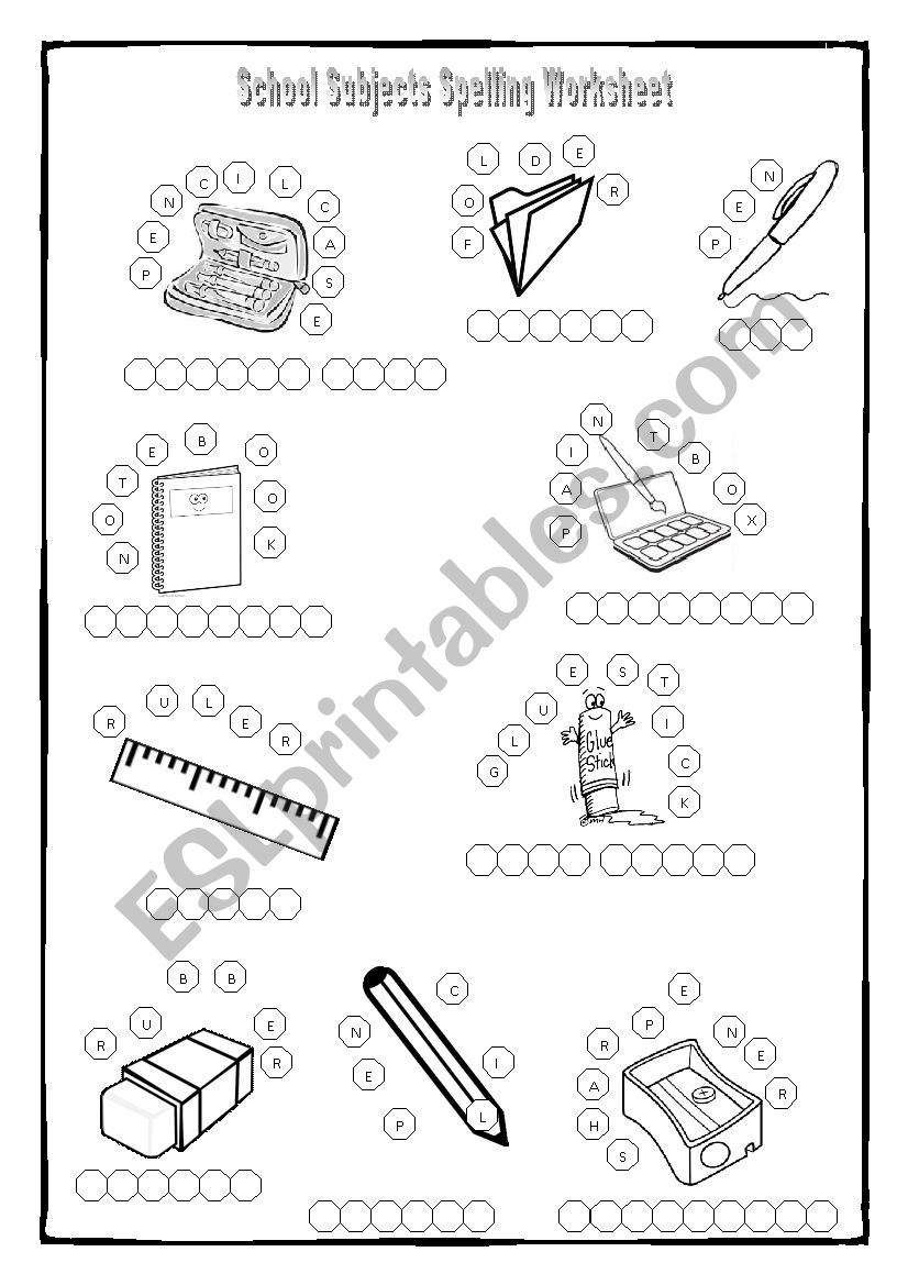 School Subjects Spelling Worksheet