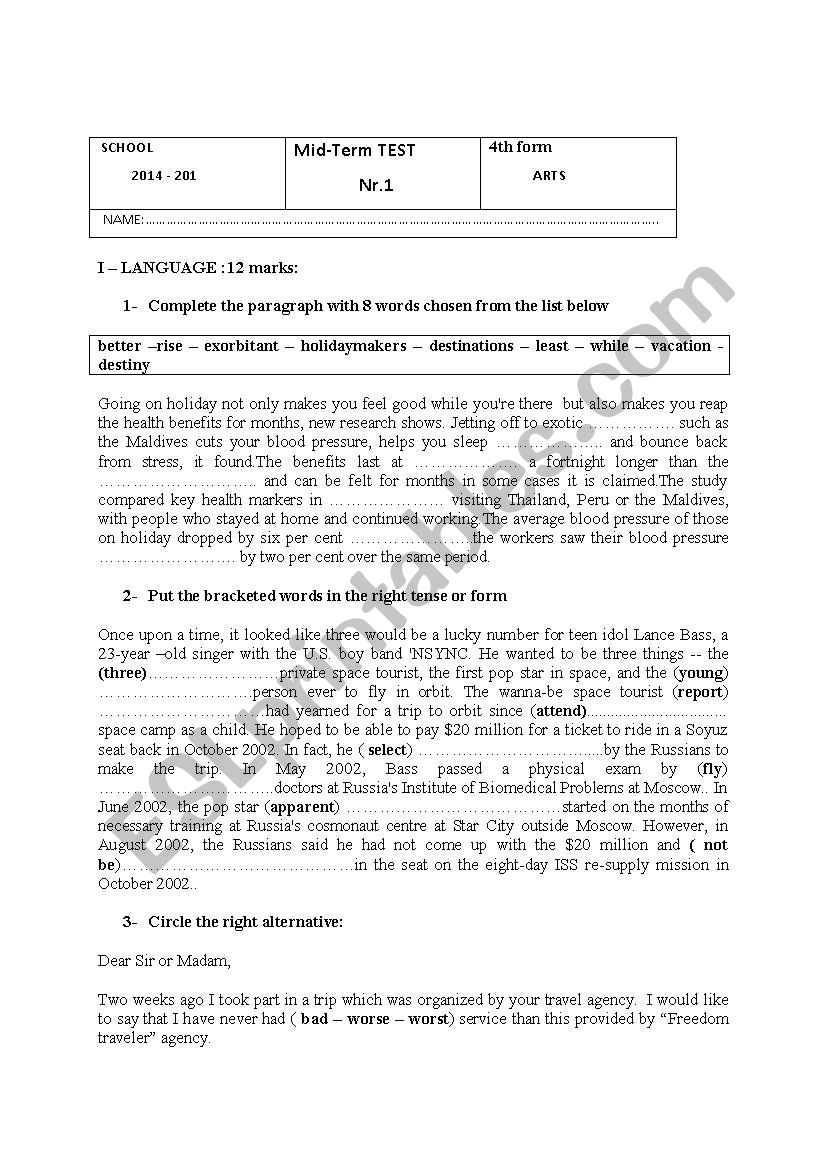 Mid-term test 1 worksheet