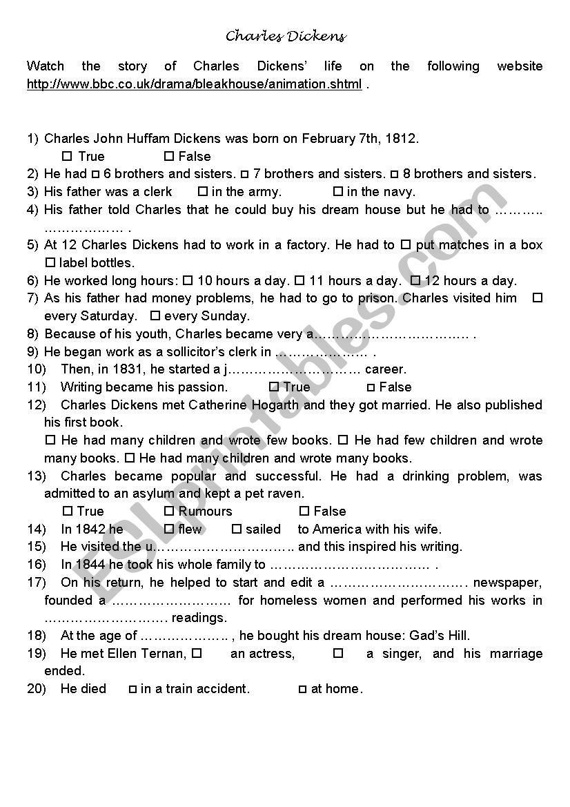 Worksheet on Charles Dickens life using a BBC website