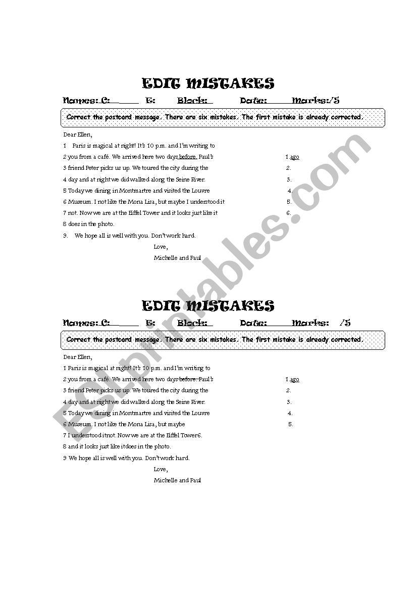Editing Mistakes worksheet