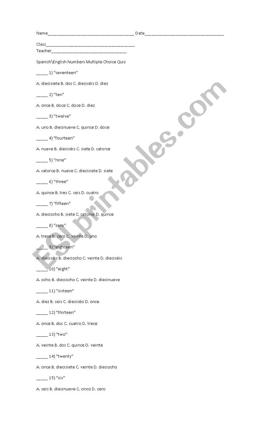 numbers worksheet