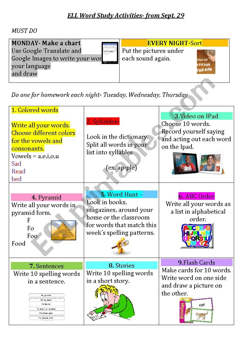 Word Study Tic Tac Toe Choices