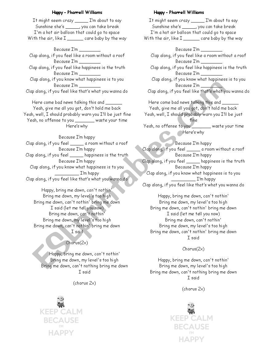 SOng - because Im happy worksheet