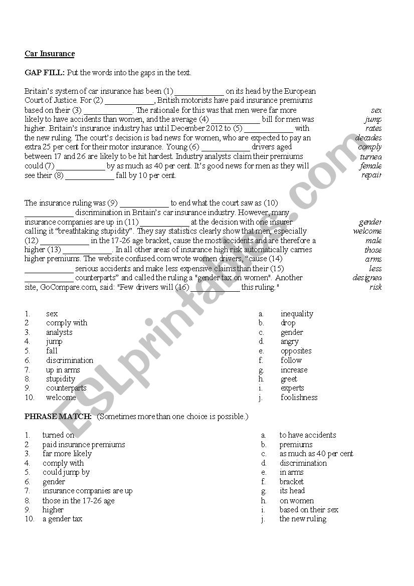 Car Insurance Gap fill worksheet