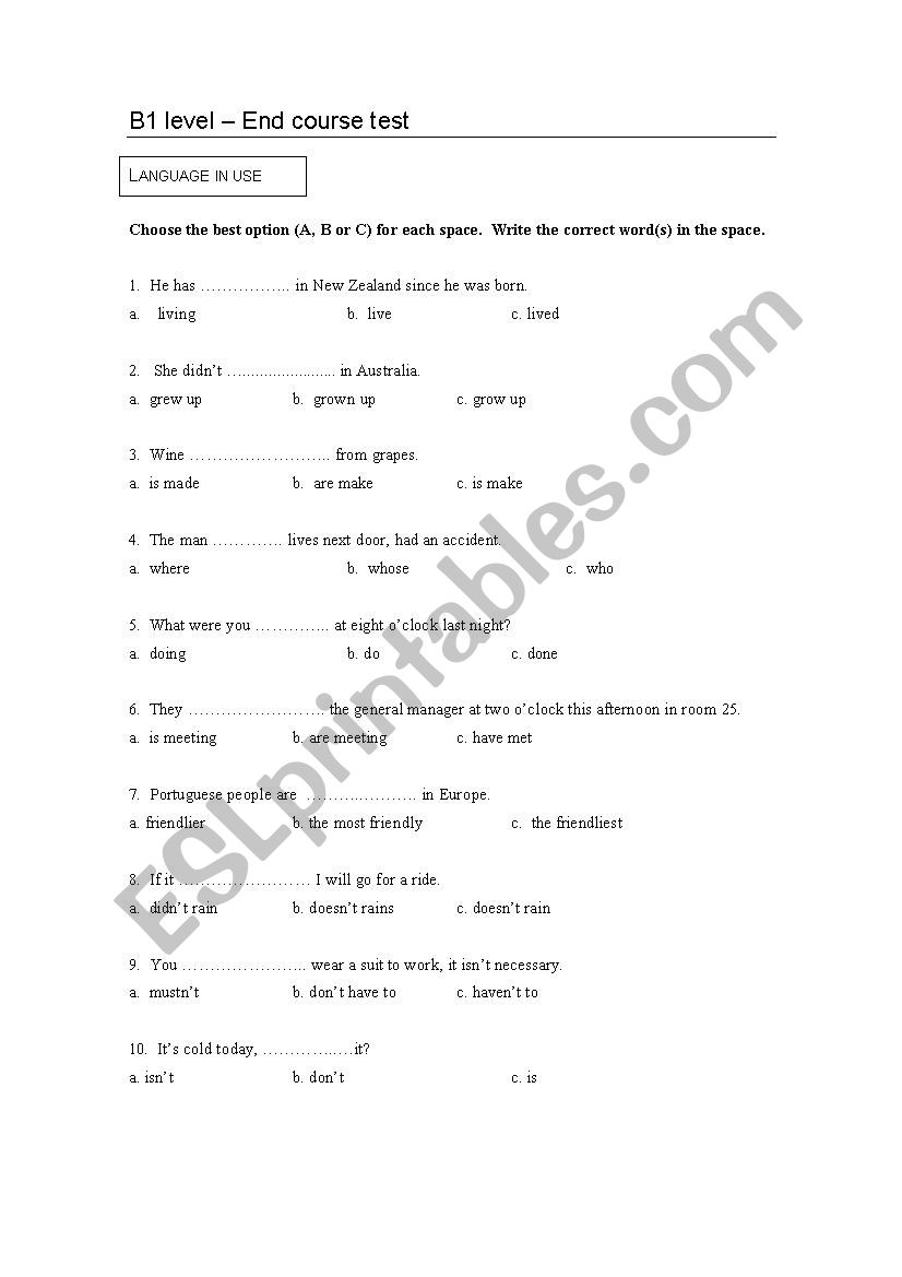 B1 Level end course test worksheet