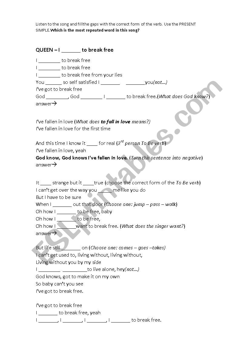 Queen - I want to Break Free worksheet