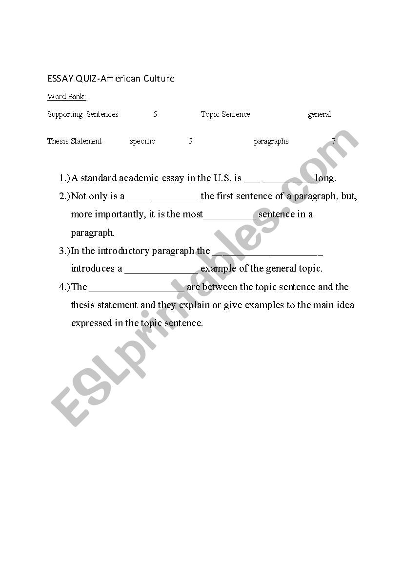 Standard Paragraph Quiz worksheet