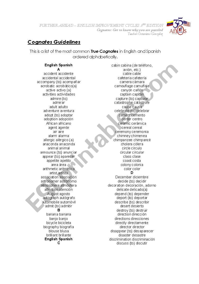 Cognates worksheet