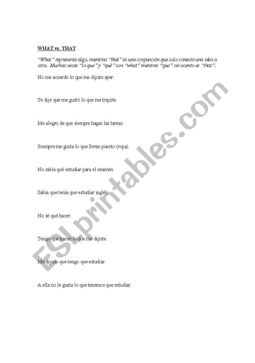 That vs. What worksheet