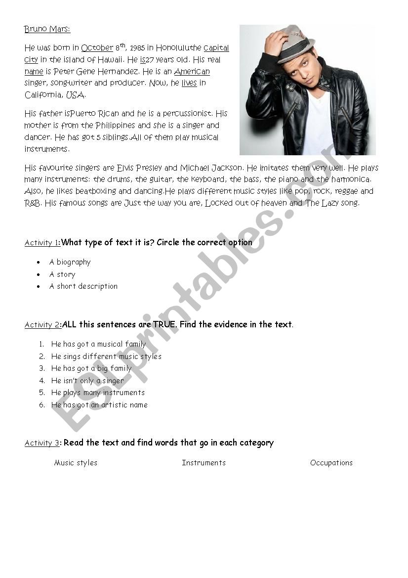 Bruno Mars Biography worksheet