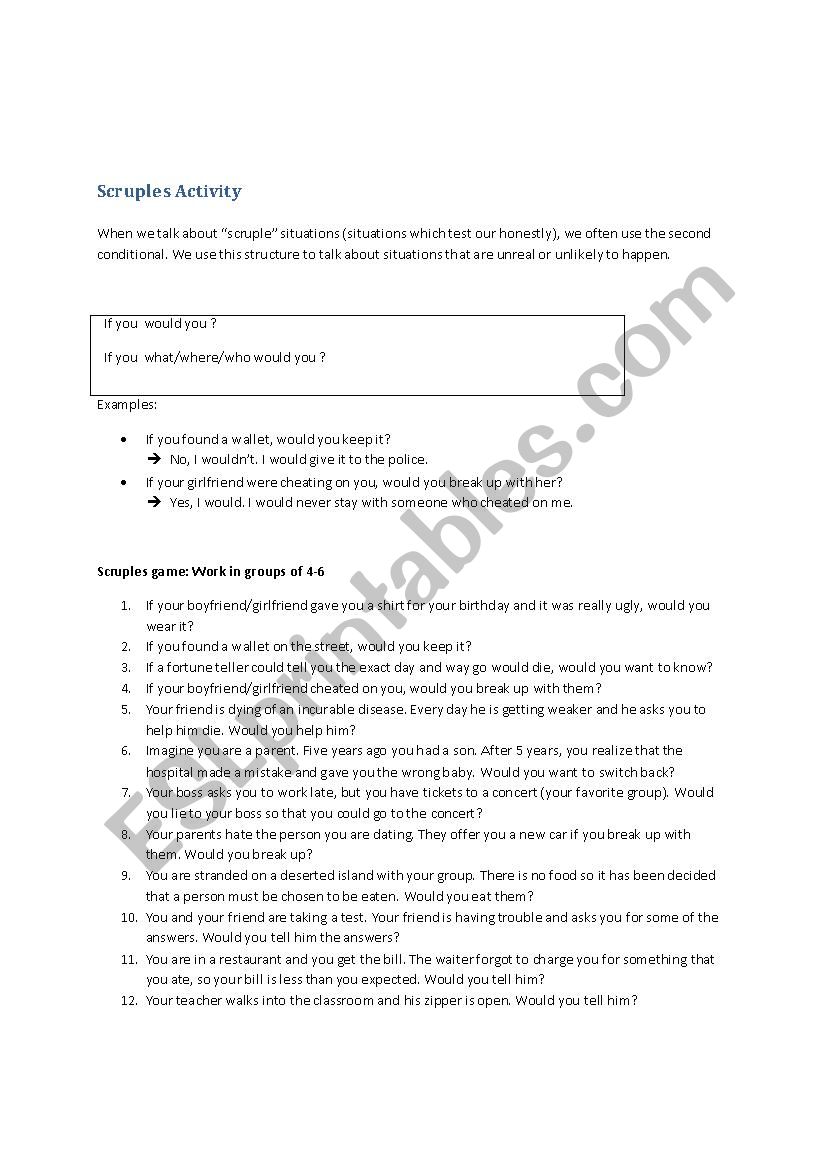 Scruples activity (conditionals)