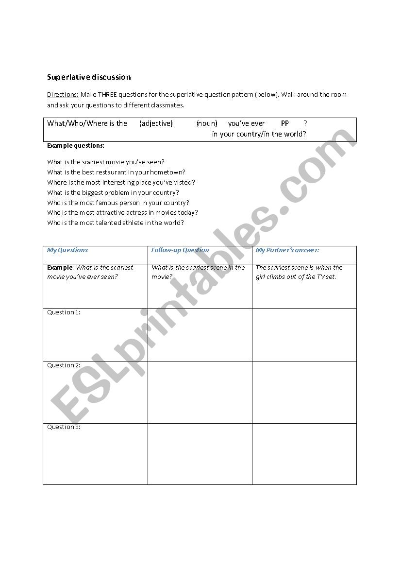 Superlative discussion worksheet