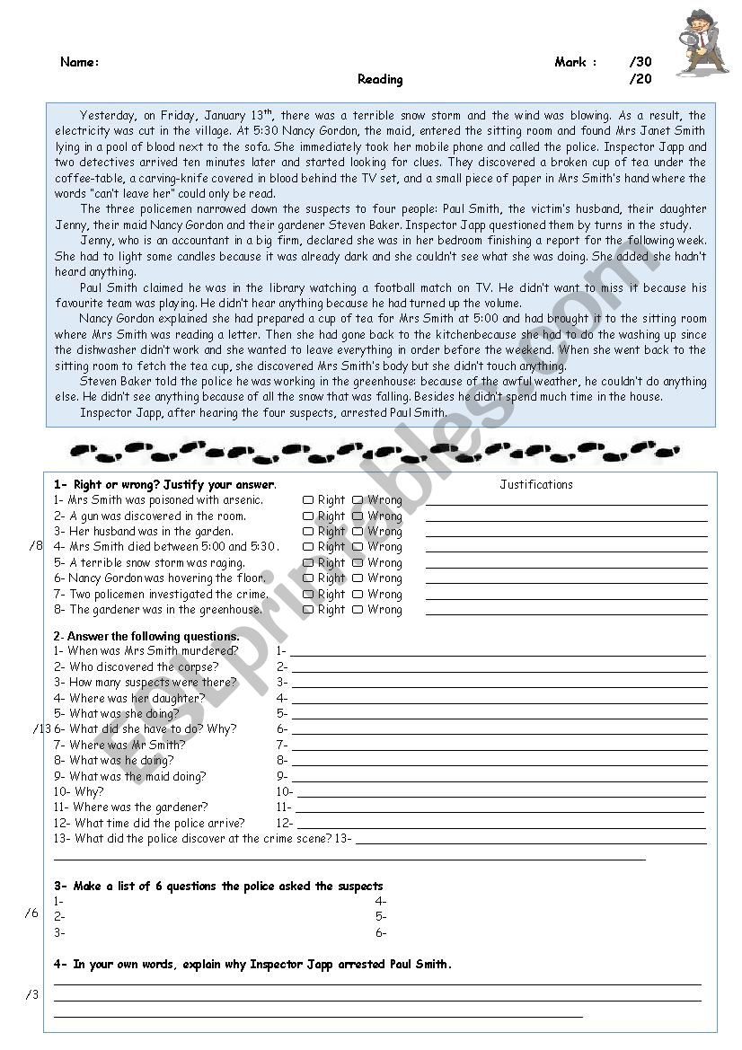 Reading - Detective story worksheet