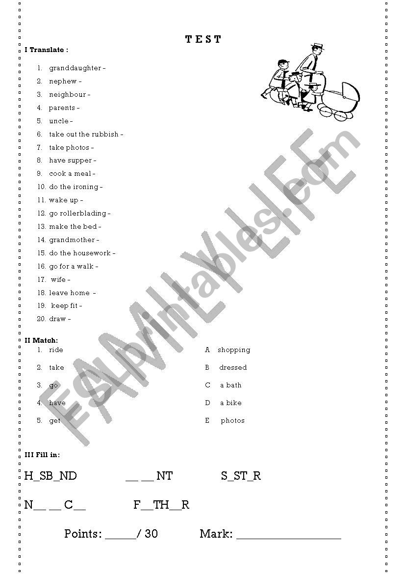 Family life -  a short test worksheet