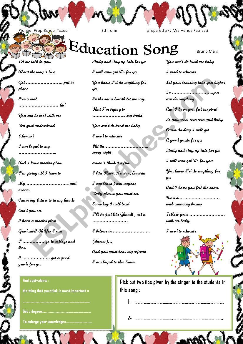 education song by Bruno Mars worksheet