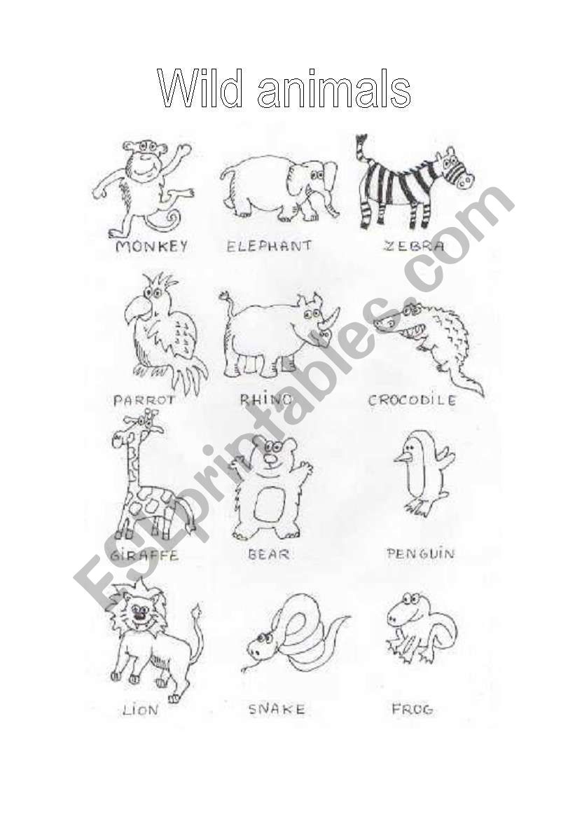 Wild animals coloring page worksheet