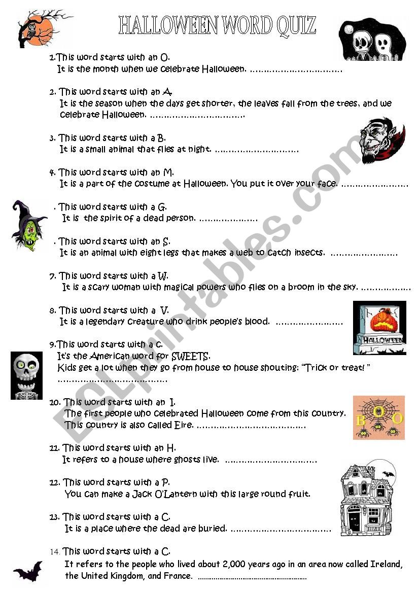 Halloween word quiz worksheet