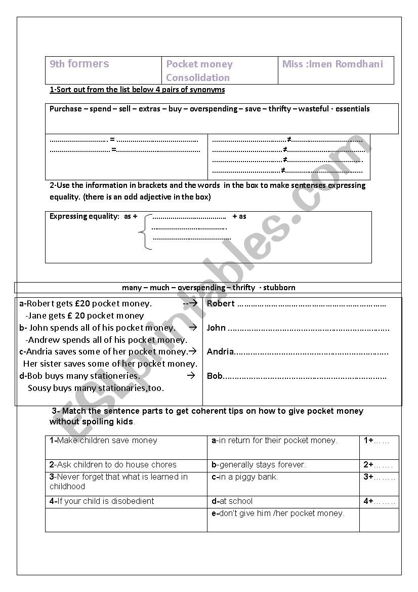 consolidation 9th formers : Pocket money 