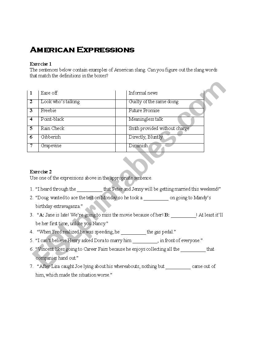 American Expressions/Slang worksheet