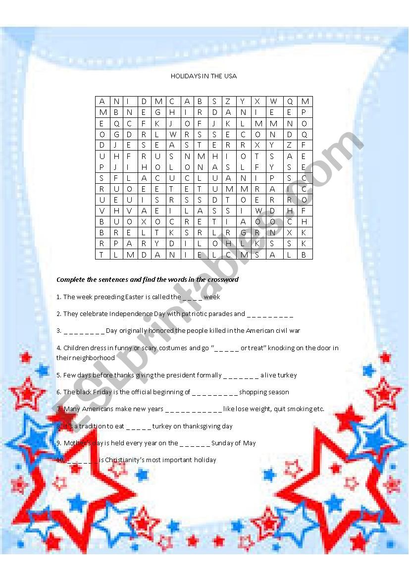 Holidays USA worksheet